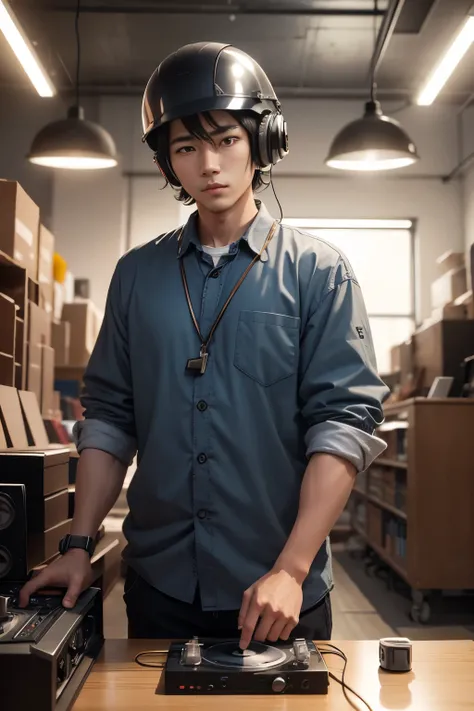 factory、1boy、Working、Metallic Records、record player、Old PC、indirect lighting、Helmet、Handsome guy、Dull、Work clothes