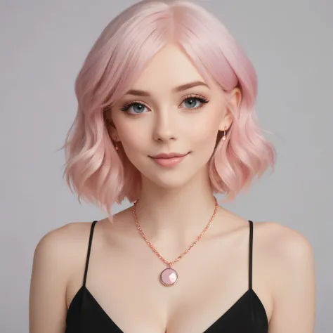  23 yo girl, cleavage, black dress, big natural breasts , cleavage, fair pale skin, pastel pink hair, blush, thin but curvy, wearing necklace, smiling, mouth closed, muscular arms, happy face, 