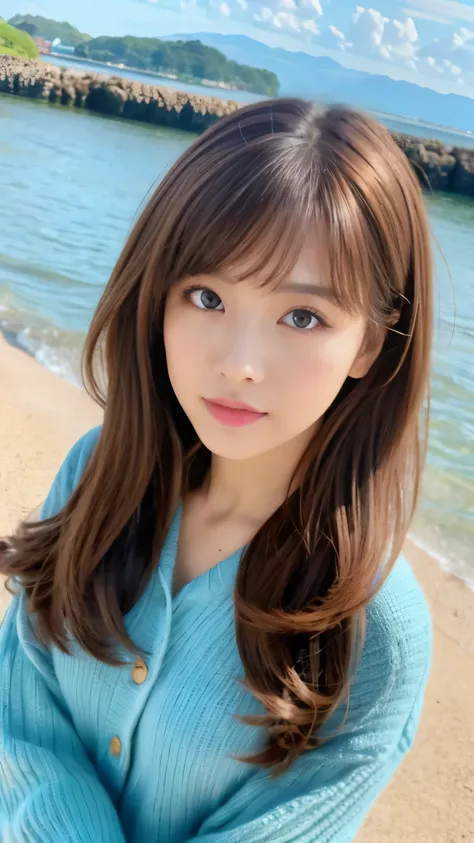 Best quality, 8k,  ,Masterpiece :1.3)), facing viewer,((full body1.2)) ,pretty woman, wide shot ,1girl, , selfie   , ,sea ,  , brown hair  , bangs,ultra-detailed face, highly detailed lips, detailed eyes, double eyelid