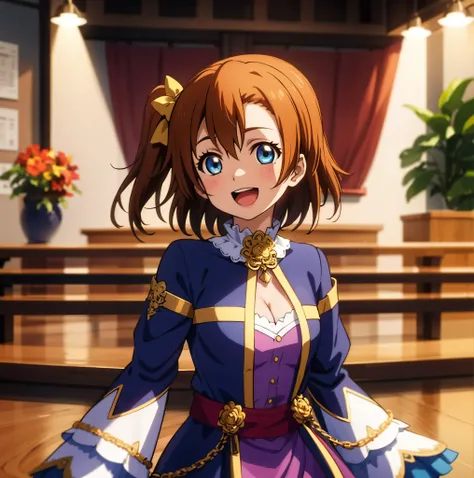 A character with their eyes looking to the left, kousaka honoka, wearing an ornate outfit, blue eyes, smile, open mouth, cleavage cutout