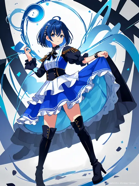 ((a girl)), full body, blue hair, black eyes, short hair, ((idol costume)), long boots, ((high quality)), german style costume, blue shirt, white skirt, ((layered skirt))