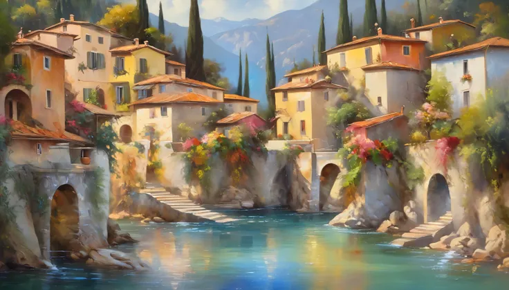 Beautiful village oil painting, Villa Bella, Italy, author：Kanari