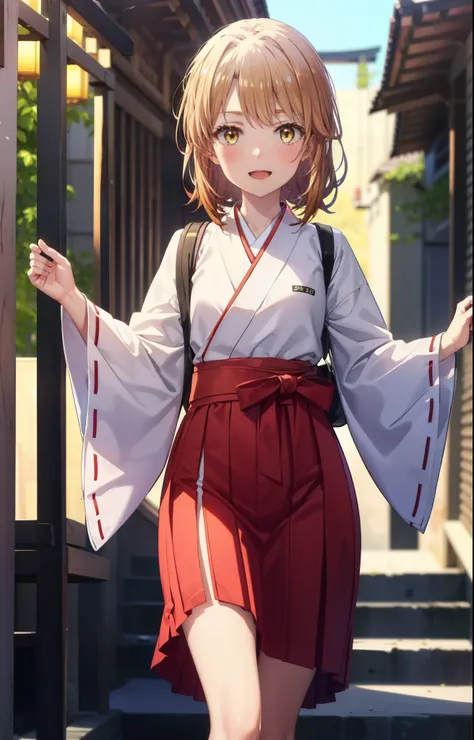 irohaisshiki, iroha isshiki, long hair, brown hair, (brown eyes:1.5), low ponytail,short braided hair,happy smile, smile, open your mouth,Platycodon,Miko, white kimono, red hakama,kimono, white foot bag,Zori sandals,same as skirt, wide sleeve, long sleeve,...