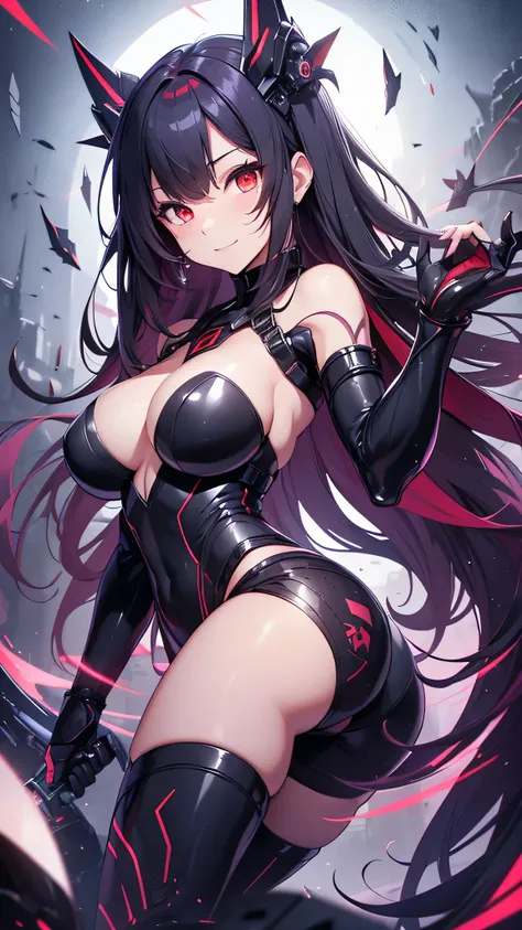 最high quality、best image quality、masterpiece、android girl((18-year-old、 By becoming、vest bust、medium bust,wide open breast tea、red glowing eyes, water hair、messy hair、long hair、thin,highest valley、Blue robot body、Shiny red body、Close ~ eyes、attack、Show the...