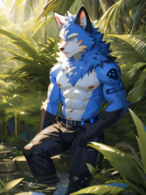 Hilichurl man, cat blue, mask, hairy muscular, strong feet, underwear, bulge, Jungle scenery, tattoo on the body.