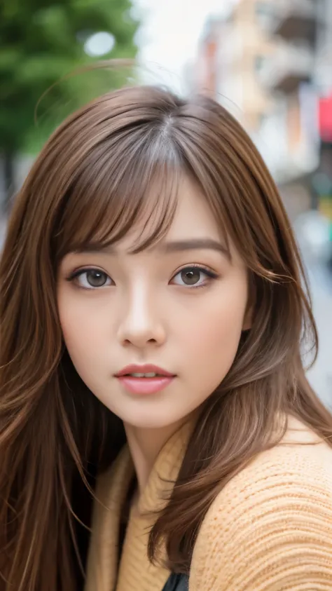 Best quality, 8k,  ,Masterpiece :1.3)), facing viewer,((full body1.2)) ,pretty woman, wide shot ,1girl, , selfie   , ,,  , brown hair  , bangs,ultra-detailed face, highly detailed lips, detailed eyes, double eyelid