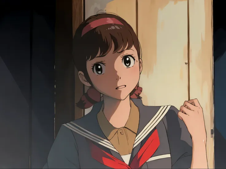 masterpiece, highest quality, alone,1 girl,looking at the viewer,school, cowboy shot,anime style,
 akkochan,anxious face,