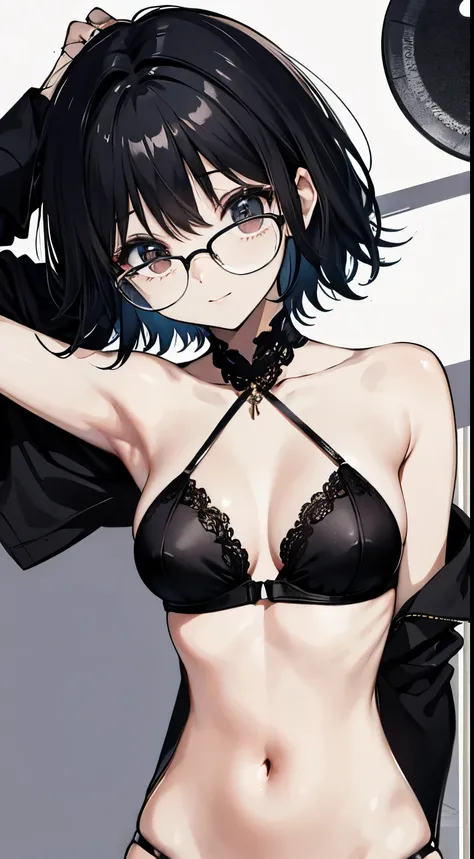 short hair, Fair skin, black hair, with an evil smile,  hands behind your head, slender body,glasses