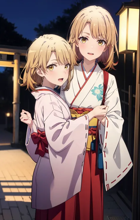 irohaisshiki, iroha isshiki, long hair, brown hair, (brown eyes:1.5), low ponytail,short braided hair,happy smile, smile, open your mouth,Platycodon,Miko, white kimono, red hakama,kimono, white foot bag,Zori sandals,same as skirt, wide sleeve, long sleeve,...