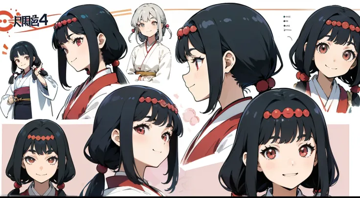 16 years old, Black Hair Girl, Hair length to the armpits (((Happy smiling face expression))) ,japanese kimono, ((Odango hairstyle)) (((detailed character sheet, Front view, Side view, 3/4 view)))