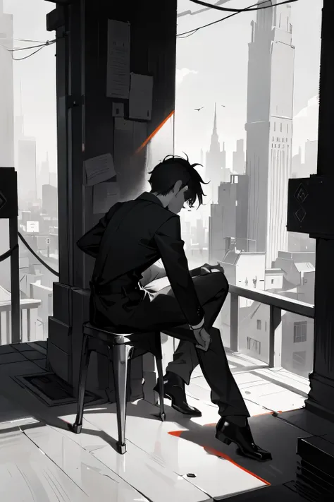 1 Male, teenager male, An artist, Sitting on a platform, monochrome background city, Stunning light from distant brightens the scene, paintbrush, Casts a deep shadow on the clothes, masterpiece, monochrome