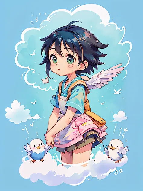 makoto shinkai style, kawaii design, most beautiful girl ever、chibi, birdie、high walls