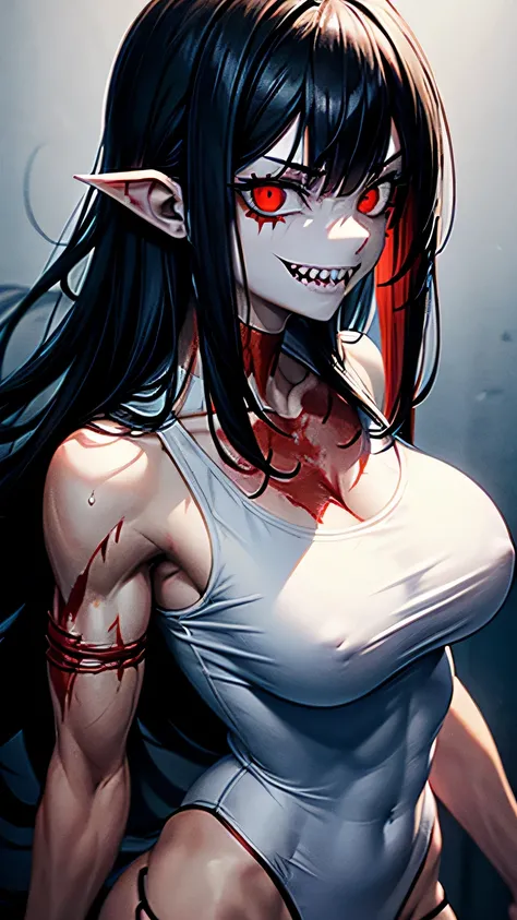 Solo. Creepy, terrifying muscularly lean girl with short messy curly black hair, big breasts, defined muscular thighs, a sharp jawline, crazy red eyes, metal wires joining his seperated upper jaw and lower jaw, Jeff the killers mouth, muscular forearms, sh...