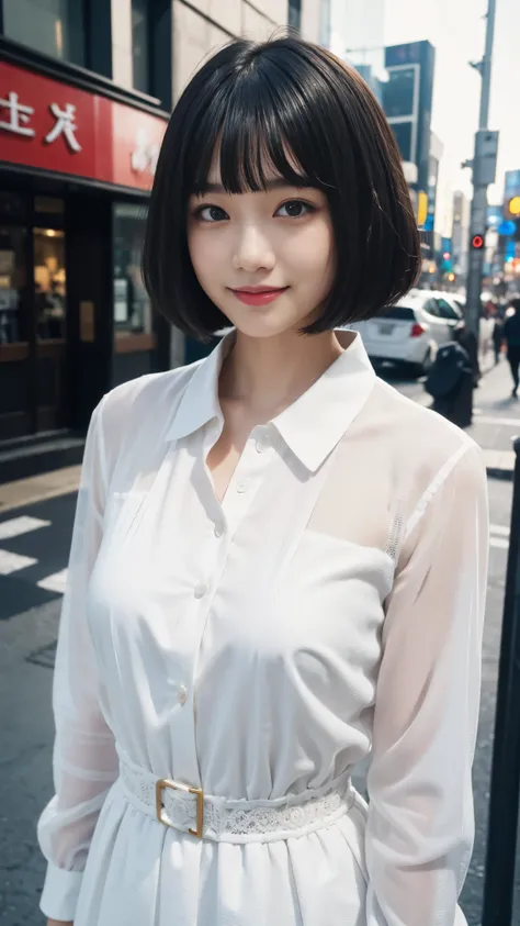 （Ultra high definition）（masterpiece）（textured skin）（very detailed）（high quality）（最high quality）（first person perspective）(16k ),woman,(upper shot),white dress shirt,smile,blunt bangs bobcut,Shibuya,black hair,model
