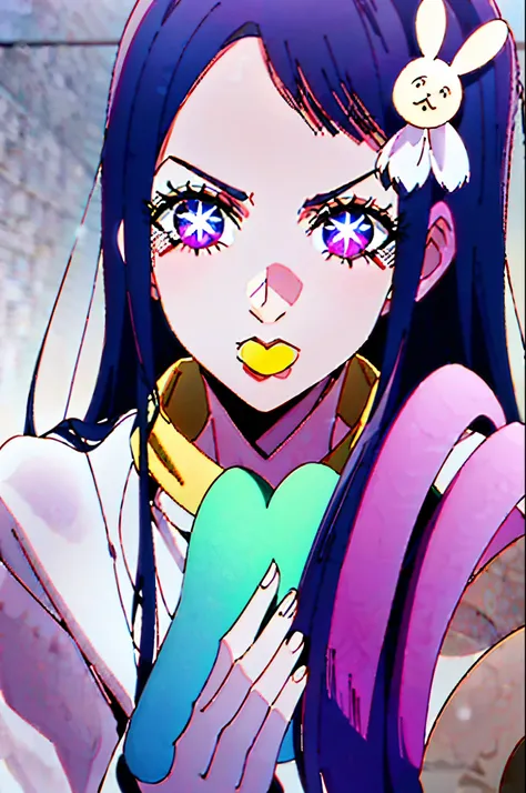 fullbody stoneocean Hoshino Ai, long hair, purple hair, streaked hair ,purple eyes, star-shaped pupils, hair ornament,