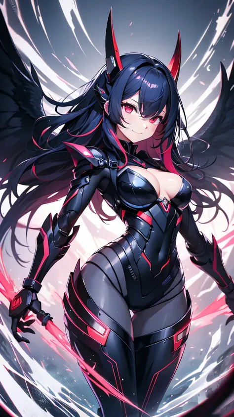 最high quality、best image quality、masterpiece、android girl((18-year-old、 By becoming、vest bust、medium bust,wide open breast tea、red glowing eyes, water hair、messy hair、long hair、thin,highest valley、Blue robot body、Shiny red body、Close ~ eyes、attack、Show the...