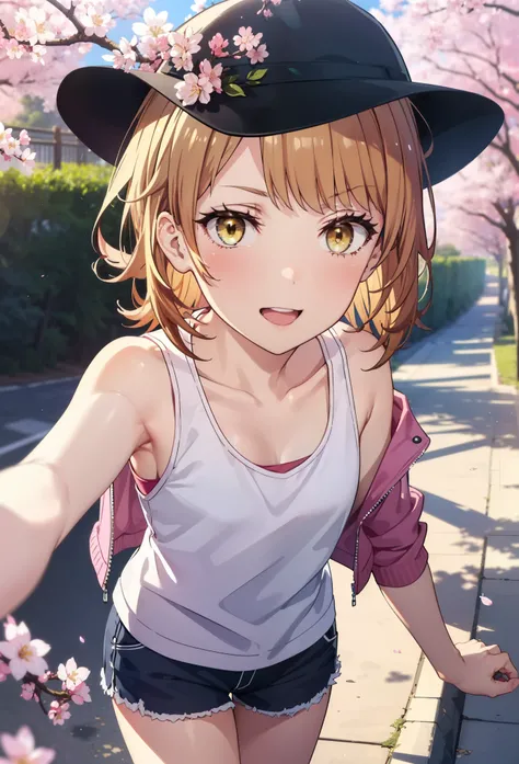 irohaisshiki, iroha isshiki, long hair, brown hair, (brown eyes:1.5),short braided hair,ponytail ,baseball hat,smile,happy smile, smile, open your mouth,Oversized pink jacket,There&#39;s space in front,bare shoulders,Yellow tank top shirt,shorts,Black high...