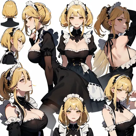 (masterpiece, 8K, highest quality, very detailed, 1 mature woman), (Consistent personality, same character), (blonde hair, yellow eyes), (very detailed顔と肌の質感, fine eyes), evil smile, big breasts, alone, (maid), white background, bare shoulders, enchanting ...