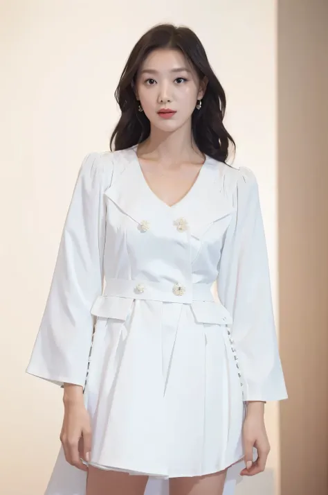 a woman in a white dress and jacket posing for a picture, ( ivory black ), elegant white dress, official photos, korean womens fashion model, white polygonal dress, puff sleeves, white royal dress, wearing along white dress, with white, elegant dress, whit...
