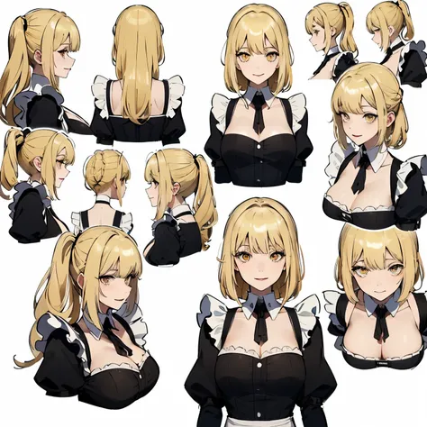 (masterpiece, 8K, highest quality, very detailed, 1 mature woman), (Consistent personality, same character), (blonde hair, yellow eyes), (very detailed顔と肌の質感, fine eyes), evil smile, big breasts, alone, (maid), white background, bare shoulders, enchanting ...