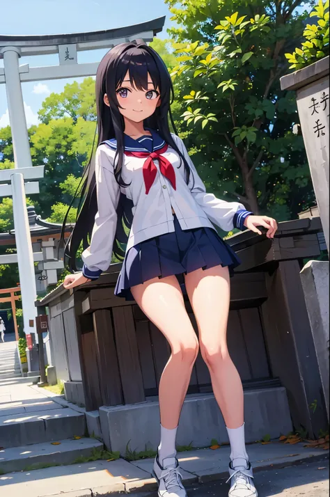 Shrines in the countryside　elementary school girl　8-year-old　flat chest　black hair　long hair　eyes are purple　smile　（（1 person））　Upper half length sleeve white sailor uniform　Lower body navy blue miniskirt（（White panties are visible））　black socks　sneakers　S...