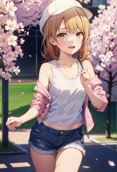 irohaisshiki, iroha isshiki, long hair, brown hair, (brown eyes:1.5),short braided hair,ponytail ,baseball hat,smile,happy smile, smile, open your mouth,Oversized pink jacket,There&#39;s space in front,bare shoulders,Yellow tank top shirt,shorts,Black high...