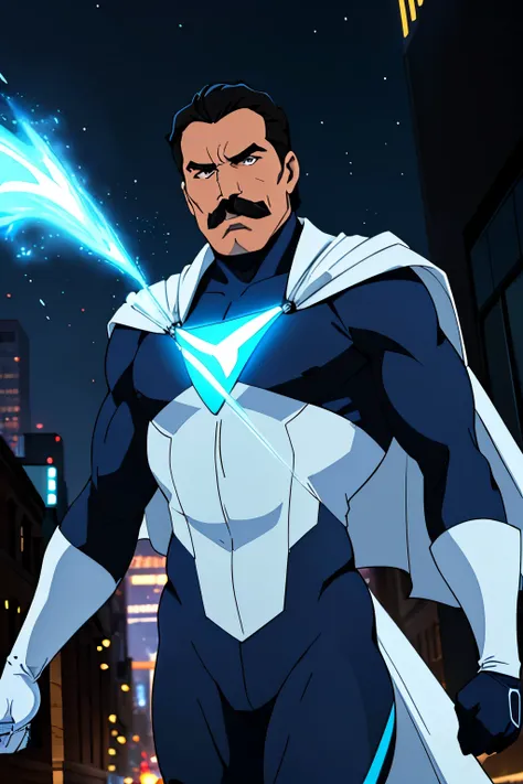 (black-haired middle aged man in white cape, handle bar mustache, wearing skin tight blue suit with a giant L on the chest: 1.2, background in city streets), (blue and white energy particle effects emitting around),