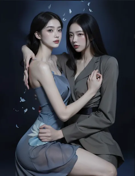 two women in dresses are hugging each other in front of a blue background, Inspiration from Wang Khu, Inspired by Russell Dongjun Lu, Gouache style art, Lesbian Art, Digital art of elegance, Inspiration from Yan Juncheng, two women, Niksu and Sakimichan, I...