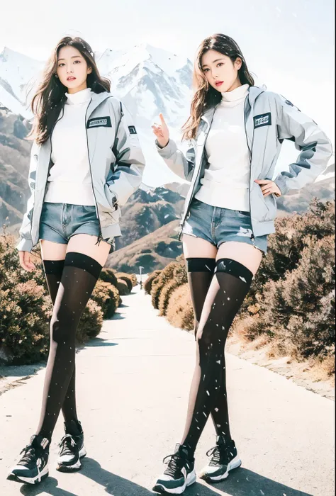 japanese woman、long brown hair、hair with volume、beautiful face、double eyelid、coat、Windbreaker、Black Micro Shorts、beautiful feet、long legs。barefoot、thighs、black knee high socks、tall、Black Shoeodel pose、height 180cm、heavy snow、blizzard、snowfall、strong wind、T...