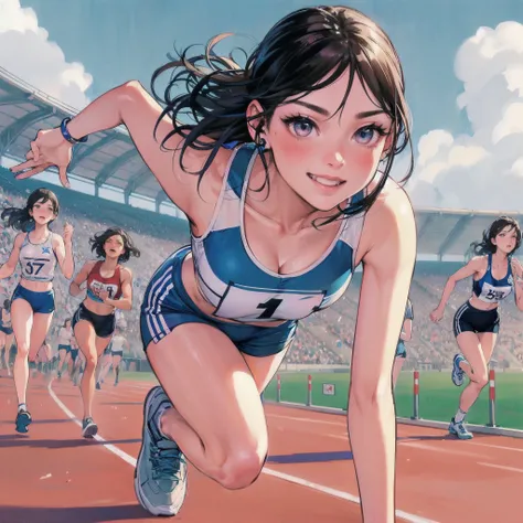 high quality,HD,16k,sharp lines,1 girl,Female track and field athlete ,cute face, large breasts, nice legs,At the track and field,focus girl,detailed beautiful face,detailed clothes,beautiful eyes,cool,dynamic angle