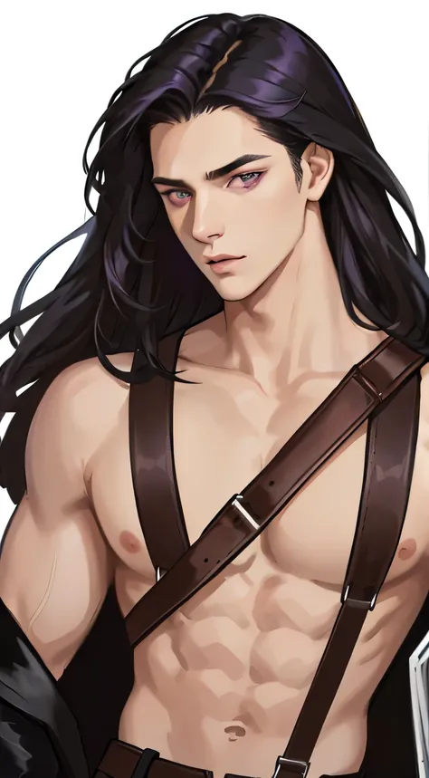 masterpiece, highest quality, realistic, 1 man, male focus, tall and muscular, long wavy black hair, Flying bangs, purple eyes, good looking, Harness,leather pants， portrait,highly detailed face, white background, simple background