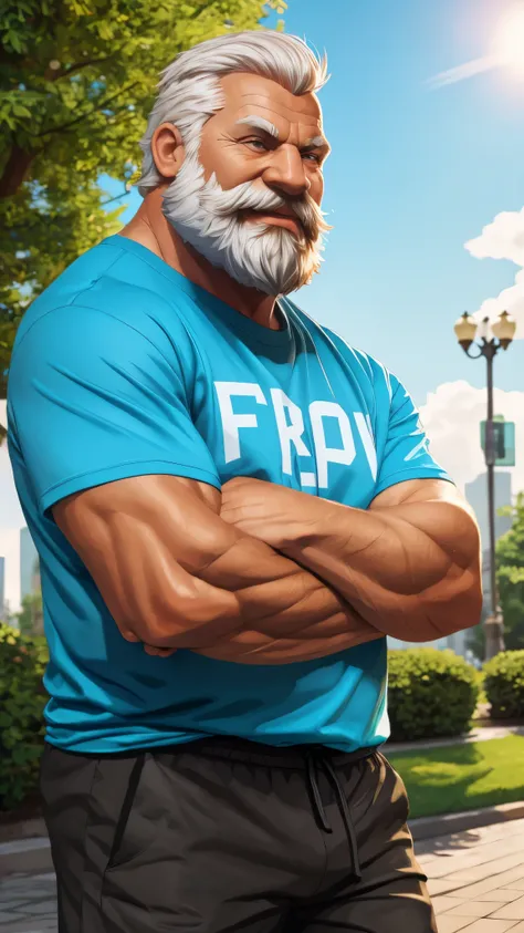 masterpiece, high quality, 8k, FHD, HDR, portrait, muscular old man in park, beard, happy, summer, vector, mwvector, half body, realistic, photorealistic, white hair, Short hair, t shirt 