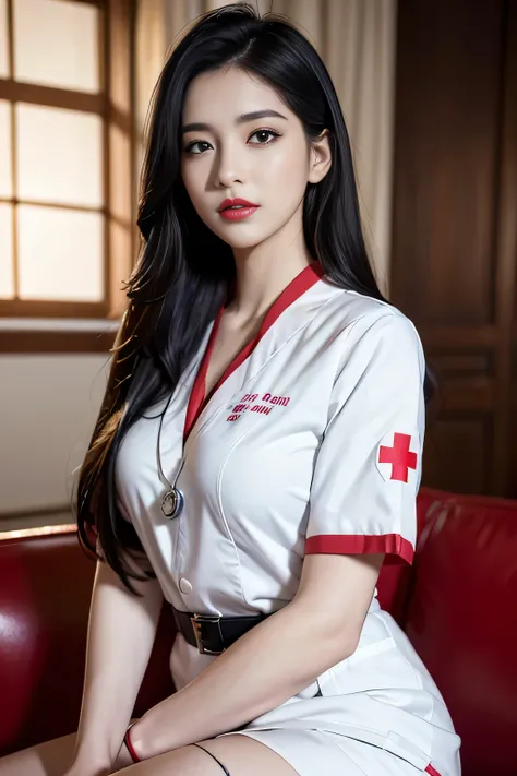 (best quality,realistic:1.37),vivid colors,professional,portrait,indoor,soft lighting,wearing a white nurses uniform with red cross emblem,long black hair,smoky eyes,full red lips,beautiful detailed eyes,detail description of the face,highres,physically-ba...