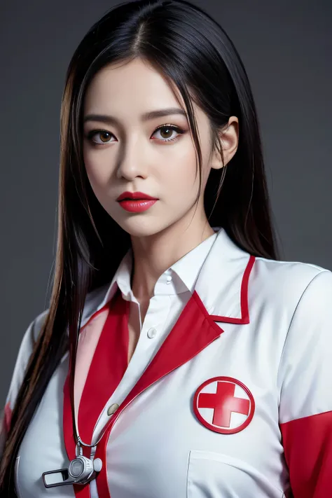 (best quality,realistic:1.37),vivid colors,professional,portrait,indoor,soft lighting,wearing a white nurses uniform with red cross emblem,long black hair,smoky eyes,full red lips,beautiful detailed eyes,detail description of the face,highres,physically-ba...