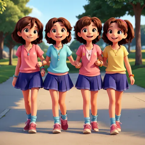 Three happy friends are walking. They wear a friendship bracelet on their wrists.