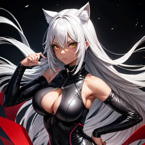 　adult woman　ninja　leotard　black skin　big cat ears　golden eyes　gray hair