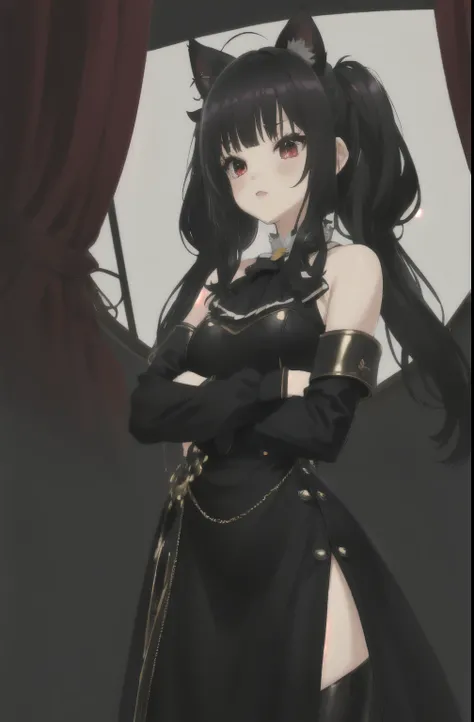 ((Mejor calidad)), ((mesa)), ((ultra detallado)), (illustration), (luz detallada), (extremadamente delicado y hermoso), (((Solo))), ,((long hair slightly wavy slightly past the shoulders, black bangs, small black pigtails on the sides, cute cat ears, beaut...