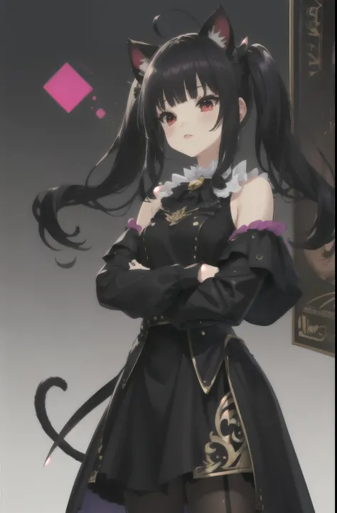 ((Mejor calidad)), ((mesa)), ((ultra detallado)), (illustration), (luz detallada), (extremadamente delicado y hermoso), (((Solo))), ,((long hair slightly wavy slightly past the shoulders, black bangs, small black pigtails on the sides, cute cat ears, beaut...