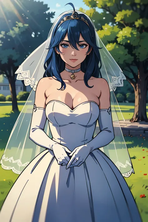 Lucina fe, hair between eyes, ahoge, blue hair, star (symbol), hair ornament, dress, cleavage, bare shoulders, collarbone, long white elbow gloves, white gloves, white ruffled dress, white choker, strapless, tiara, veil, strapless dress, wedding dress, bri...