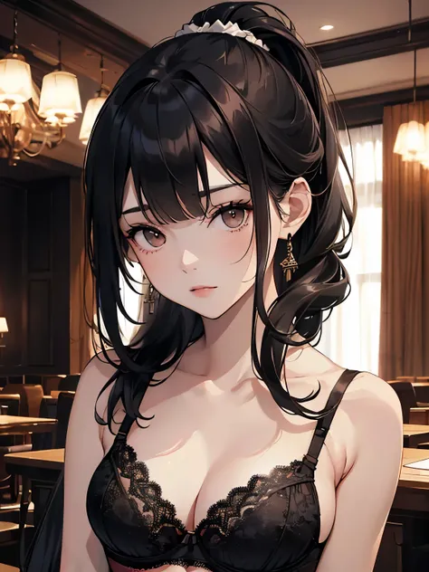 best quality, highres,Slender、brown eyes、tall、black hair、(No bangs:1.3)、(semi-long:1.3),straight hair、luxury hotel、(Black lace bra:1.5)、(black panties:1.3)、standing position、Turning around、dark room、night、ponytail、white scrunchie
