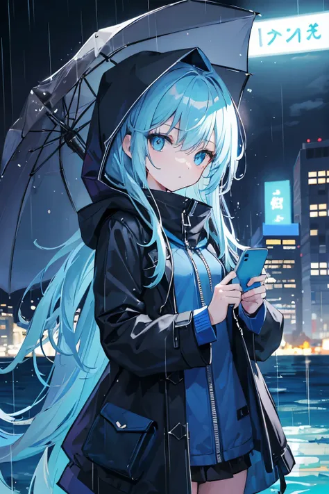 1 girl,(bright,shiny,blue,sea,summer eyes),city,night,rain,coat,hood,left-hand holding(dark-umbrella),right hang texting