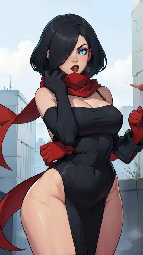 extremely long hair perfect anatomy 1 girl tall solo curvy body ((red scarf)) ((gloves)) perfect hands big  small black dress short hair covering eyes black lipstick long black glows blue eyes