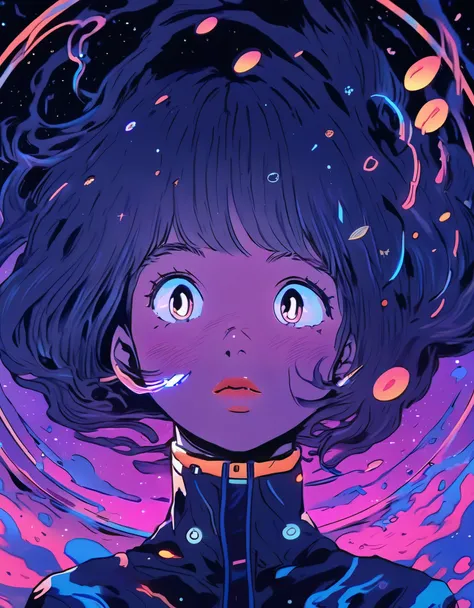 (best quality, sketch:1.2),realistic,illustrator,anime,1 girl, detailed lips,custom, gradient background,neon hair,textured cropping, masterpiece, anime, a woman standing looking at a black hole, fantasy world, trending on art station, space art, dreamy ps...