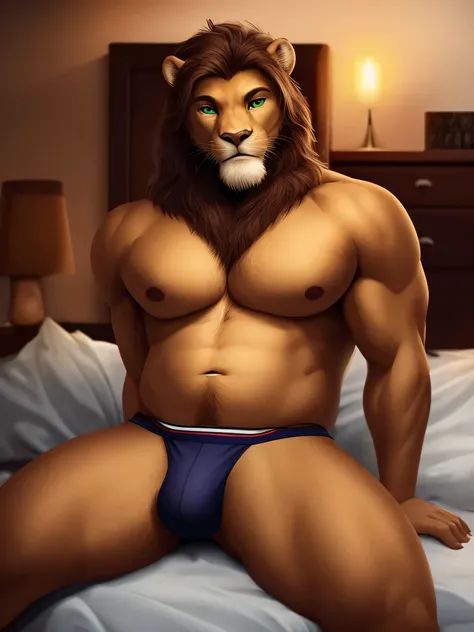 (highres:1.2), ultra-detailed, (realistic:1.37), lion, muscle-bound male, solo, mature, round and chubby belly, large pectorals, biceps, long and blonde mane, chin beard, muscular body, beautiful green eyes, intricately detailed eyes and face, tight-fittin...