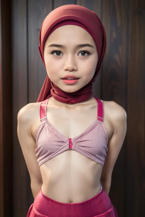 ((Open mouth)), Naked singlet (((HIJAB MALAY GIRL))), masutepiece, High quality, UHD 32K, Realistic face, Realistic skin feeling , A Japanese Lady, 8 years old, , Very cute and baby-like face, (((FLAT CHEST))), (MATRIX WORLD), ((look In front  at the camer...