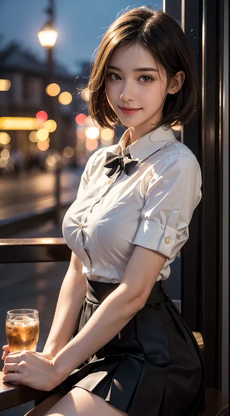 (8k, RAW photo, best quality, masterpiece:1.2), (realistic, photo-realistic:1.37), ultra-detailed,
1 girl,cute, solo,beautiful detailed sky,detailed cafe,night,sitting,dating,(nose blush),(smile:1.1),(closed mouth),large breasts, seductive smile, large apa...