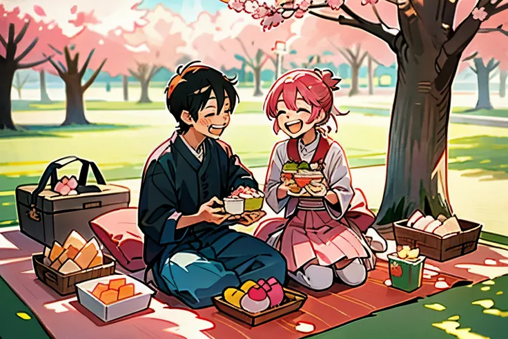 Eating sakura mochi、laughing、Couple and small 、Eating lunch、picnic