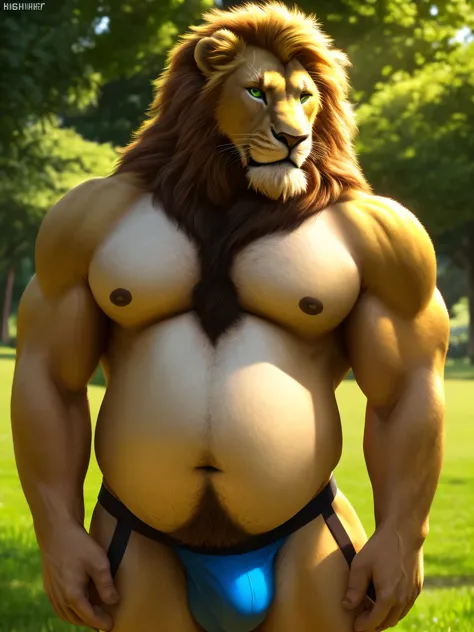 (highres:1.2), ultra-detailed, (realistic:1.37), lion, muscle-bound male, solo, mature, round and chubby belly, large pectorals, biceps, long and blonde mane, chin beard, muscular body, beautiful green eyes, intricately detailed eyes and face, tight-fittin...