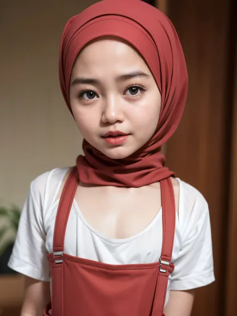 (WEARING SUSPENDER), ((Open mouth)), Naked singlet (((HIJAB MALAY GIRL))), masutepiece, High quality, UHD 32K, Realistic face, Realistic skin feeling , A Japanese Lady, 8 years old, , Very cute and baby-like face, (((FLAT CHEST))), (MATRIX WORLD), ((look I...