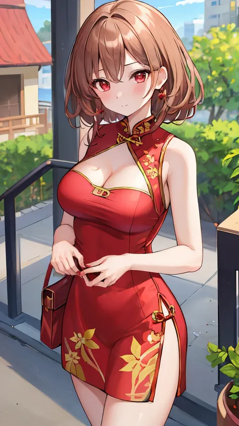 ((4K, ​Masterpiece, best quality)), 1 girl in, Light brown SHRT hair, Red eyes, Hair parted in the middle, medium breasts, charming, blush, cheongsam，cheongsam，Charming cleavage，168CM